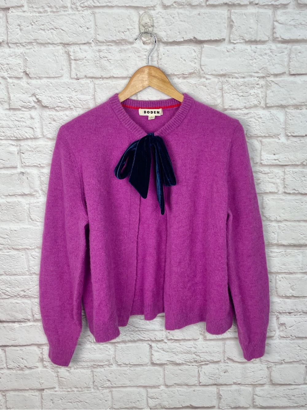 Boden Purple Fluffy Velvet Bow Cardigan Size M